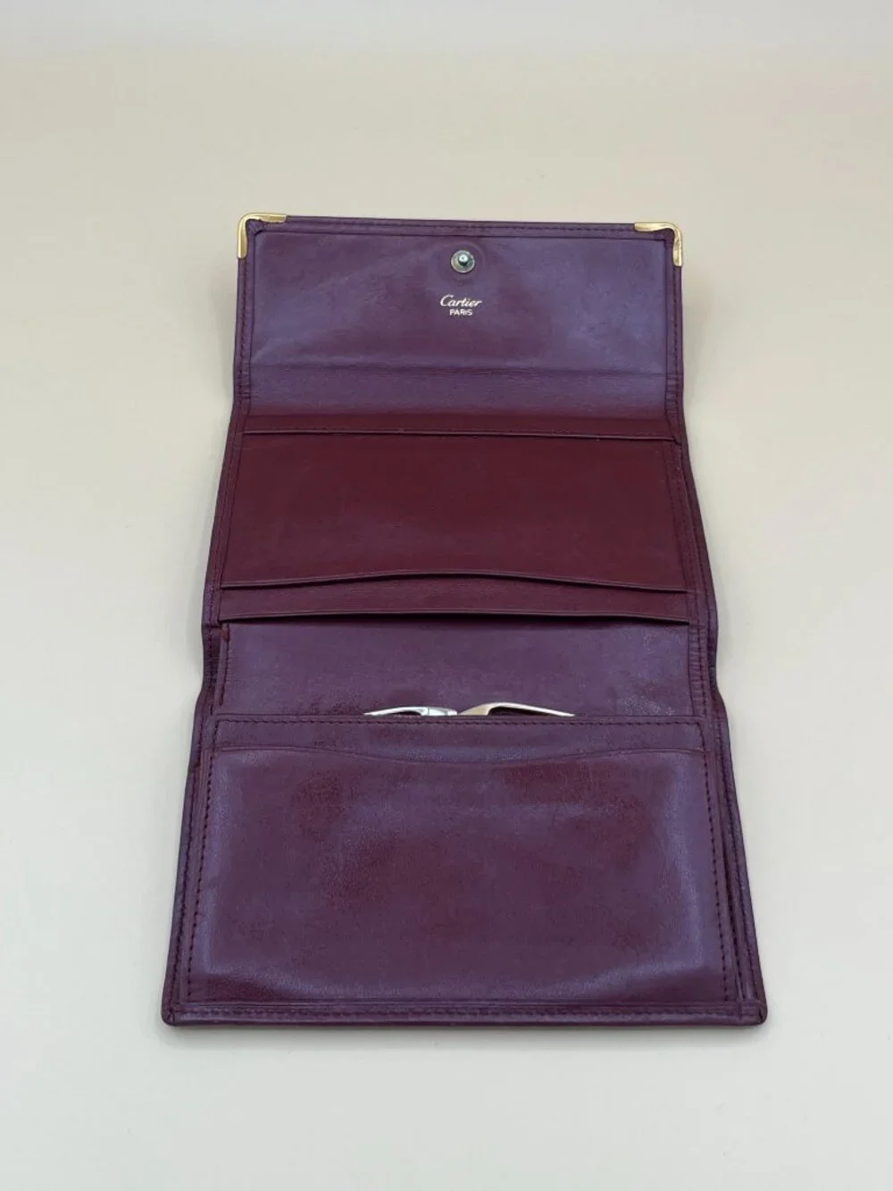 Cartier Paris Vintage Bordeaux Leather Long Trifold Wallet Gold Corners Kisslock